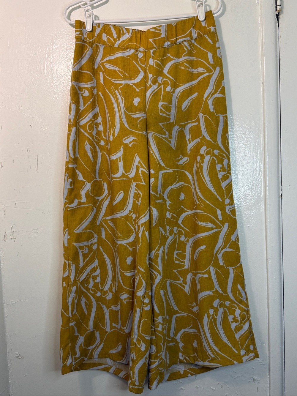 Adrianna Papell Mustard Yellow Abstract Wide Leg Pants Culottes Linen Blend L